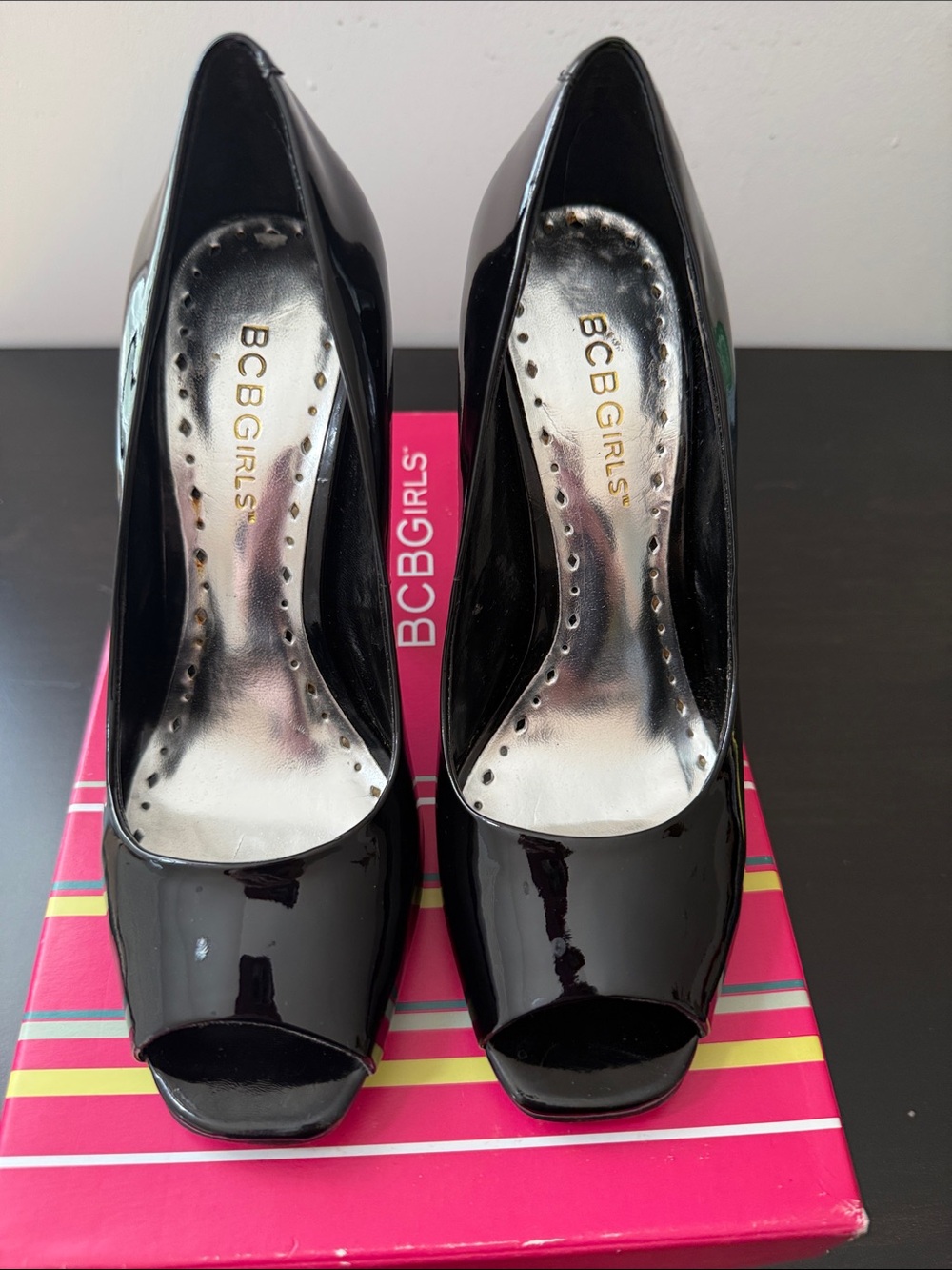 Vintage BCBGirls Black Patent Peep Toe Heels